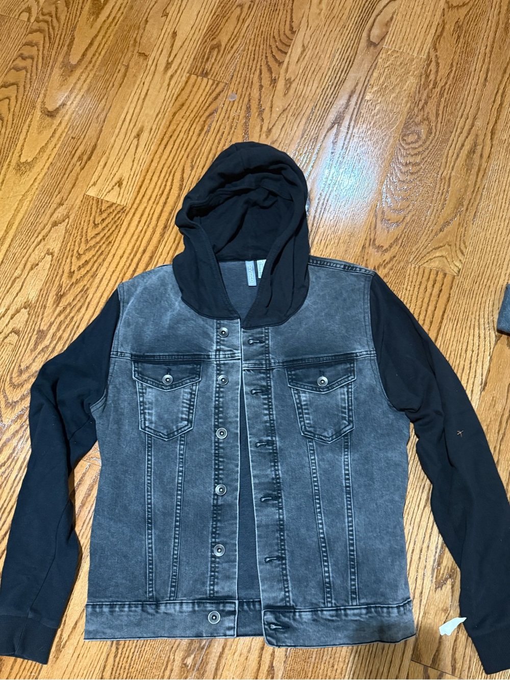 Washed Black Denim Jacket with Black Hoodie Sleeves